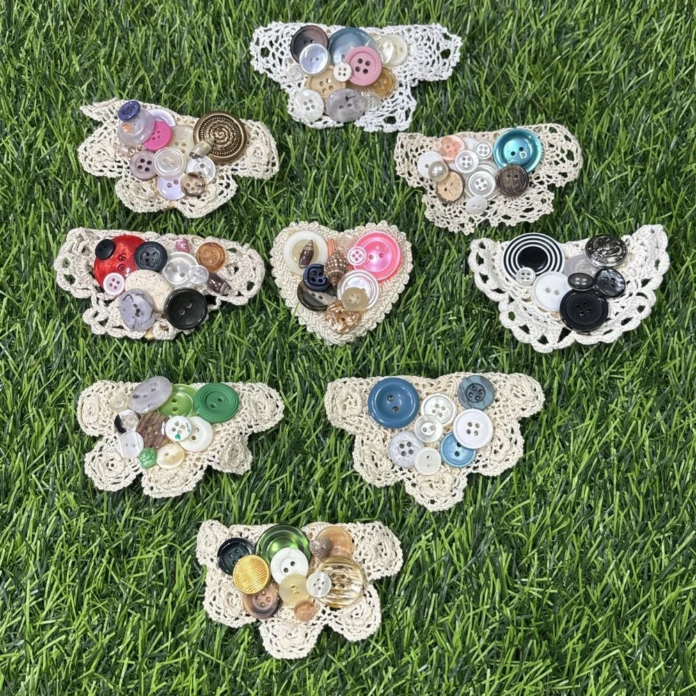 Handmade Vintage Button Brooch Lot Doily Lace Grandmacore Cottagecore 9 Pc